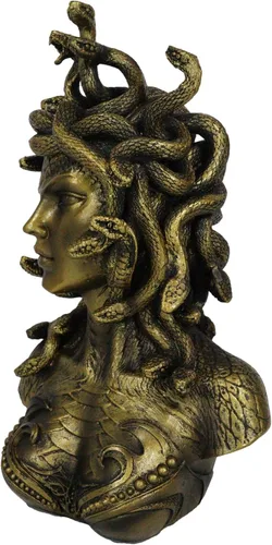 Vista 4 de Ebros Gift Mitología griega Hermanas Gorgona Diosa Medusa con Serpientes Salvajes Pelo y Escamas Blindadas Estatua de busto de piel de 10 pulgadas