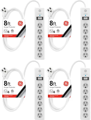 Vista 6 de GE Protector contra Sobretensiones con Regleta de Enchufes, Cable de Extensión de 4 Pies, Extensor de 6 Tomas, 800 Julios, Enchufe Plano, Cubiertas