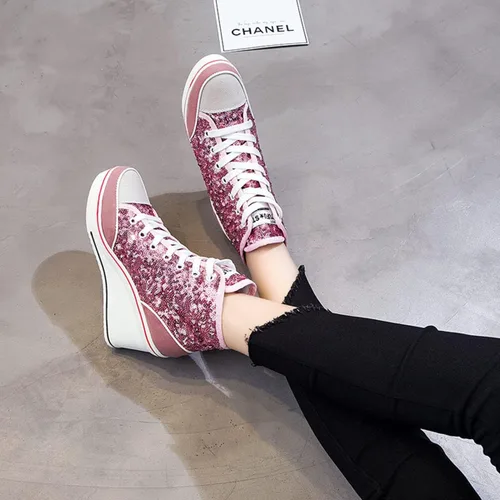 Vista 7 de ALLINNINE Zapatos deportivos de tacón alto para mujer, zapatos de lona de moda de tubo alto, con cordones, borde de cuña, cremallera, ángulo