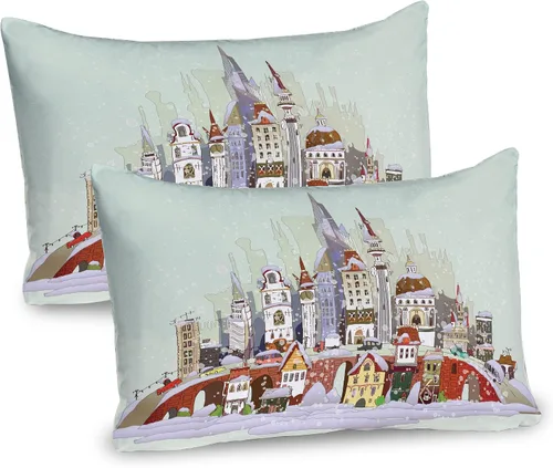 Vista 62 de Ambesonne Juego de 2 fundas de almohada navideñas, diseño de estrellas de Navidad y copos de nieve, letras retro, ropa de cama de microfibra