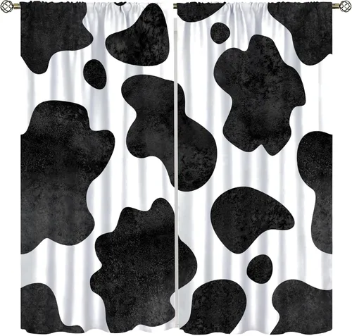 Vista 15 de YCness Cortinas de ventana de piel de vaca, estampado de vaca marrón, piel de animal de granja, cortinas opacas para ventana, diseño de vaquero