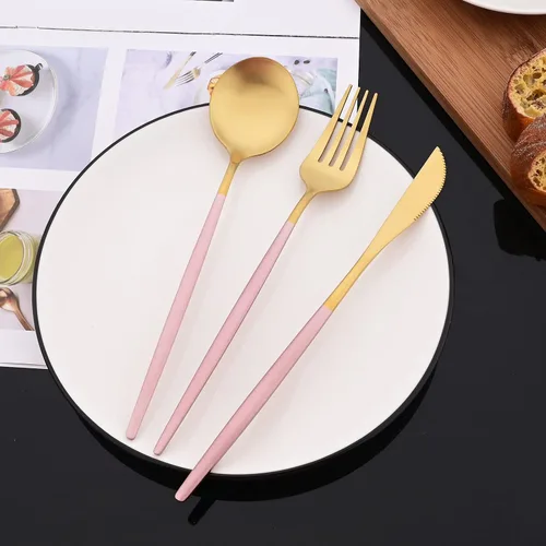 Vista 3 de JASHII Juego de 40 cubiertos de color rosa mate y dorado, juego de cubiertos de acero inoxidable para 8, incluye cucharadas de tenedor para tartas