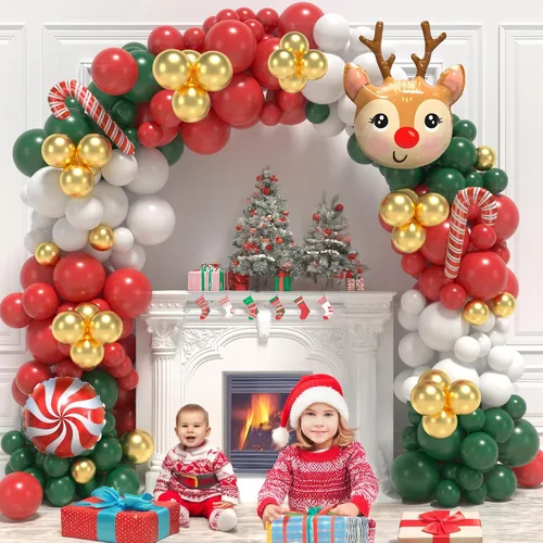 Vista 4 de Kit de arco de globos de Navidad, 167 unidades, arco de globos de Navidad rojo, verde, blanco y dorado con globos de bastón de caramelo, globos