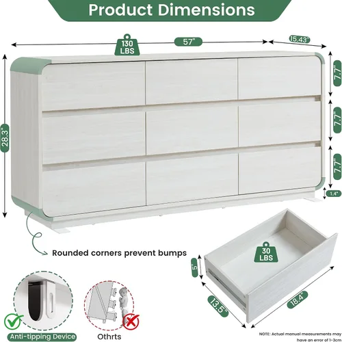 Vista 2 de Standifurno Cómodas blancas de 9 cajones, cómoda cajonera con cajones profundos, cómoda moderna para dormitorio, cajón curvado con gran Blanco