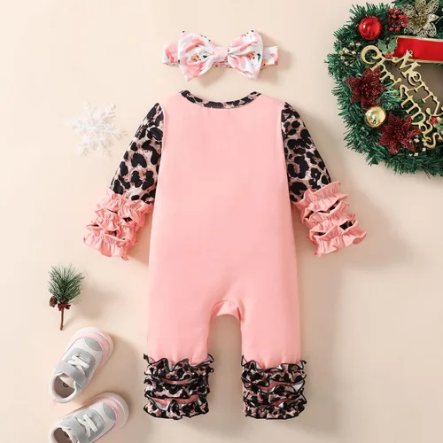 Vista 7 de Mameluco bordado de Papá Noel de manga larga de Navidad para niñas pequeñas (rosa, 12-18 meses)