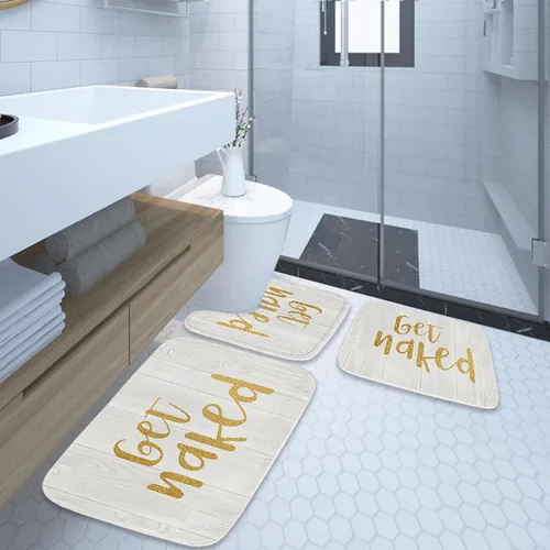 Vista 5 de Gold Get Naked - Juego de alfombras y tapetes de baño de tela dorada y blanca, 3 piezas de espuma viscoelástica, tapete de baño de terciopelo