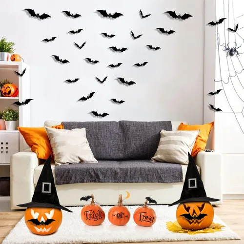 Vista 7 de 72 piezas de decoración de murciélagos 3D de Halloween, calcomanías de pared de murciélagos de pared aterradores, calcomanías de pared de 4 tamaños