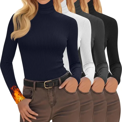 Vista 20 de Oakgarden Paquete de 4 camisetas térmicas de cuello alto para mujer, de manga larga, acanaladas, de algodón, ajustadas, capa base, ropa