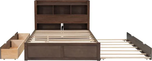Vista 8 de Bellemave Base de cama matrimonial con cabecera de almacenamiento con estación de carga, plataforma de madera con nido, estantes extraíbles