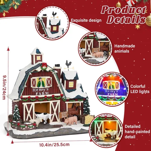 Vista 4 de Aldea Navideña Musical de Granja con Iluminación LED - Granero de Granja de 10.4", Gran Edificio Coleccionable de Navidad con Modos Duales de Luz
