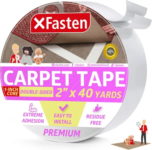 Vista 14 de XFasten Cinta de alfombra de doble cara - Cinta adhesiva resistente de 2” x 5 yardas, Cinta adhesiva de 1” de núcleo para alfombras de área sobre