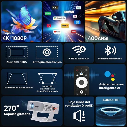 Vista 5 de Wielio Proyector inteligente con Wifi Bluetooth 400 ANSI para Google TV