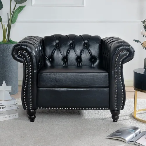 Vista 22 de Muebles de sofá Chesterfield de tela de 85 pulgadas, sofá tapizado con respaldo copetudo, brazo enrollable, sofá Chesterfield clásico para sala