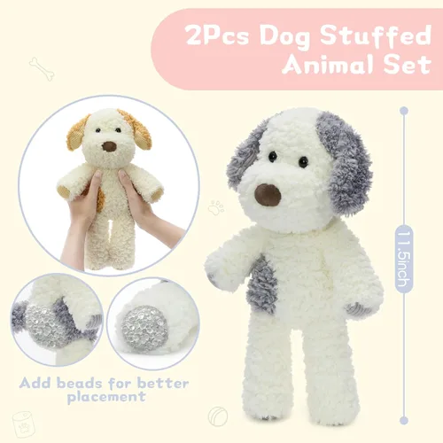 Vista 4 de MorisMos Juego de 2 peluches para perros, juego de juguetes de peluche para cachorros de 11.8 pulgadas, peluches suaves de perro gris y amarillo