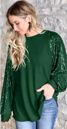 Vista 3 de ALLTB Blusas de manga larga con lentejuelas brillantes para mujer, sudadera con purpurina brillante, para fiesta, cuello redondo, ajuste holgado