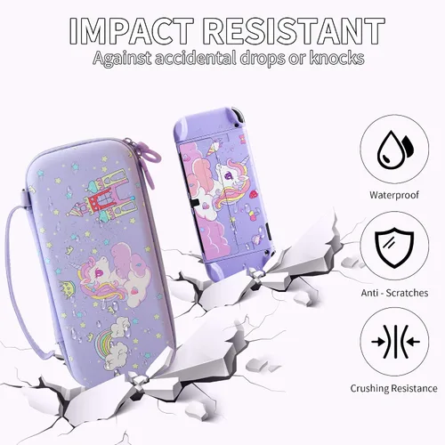 Vista 4 de Bolsa de viaje OLED para Nintendo Switch con 10 ranuras para tarjetas, funda de transporte anticaídas con cubierta rígida protectora de unicornio