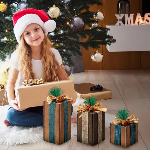Vista 5 de 3 piezas de caja de regalos de madera de Navidad, decoración de centros de mesa de regalos a cuadros navideños, decoración de bandeja escalonada