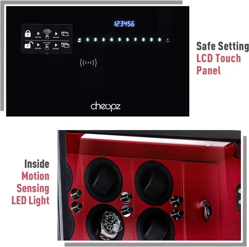 Vista 4 de Cheopz Caja de seguridad para 6 relojes automáticos y almacenamiento de múltiples joyas con cerradura de seguridad, Negro