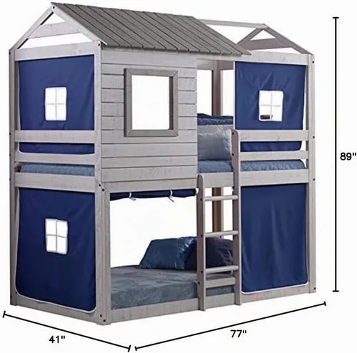 Vista 3 de Donco Kids Cabaña ciega de ciervo individual sobre cama doble rústica gris claro litera con tienda azul