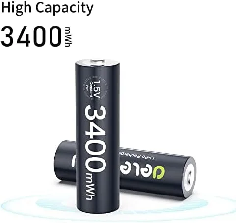 Vista 2 de Deleepow 8 pilas AA recargables de 3400 mWh con cargador, baterías de litio de 1.5 V AA de 1500 ciclos precargados