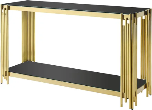 Vista 5 de Mesa consola moderna de cristal, mesa de sofá dorada de 55 pulgadas con marco de metal resistente y parte superior de vidrio templado negro