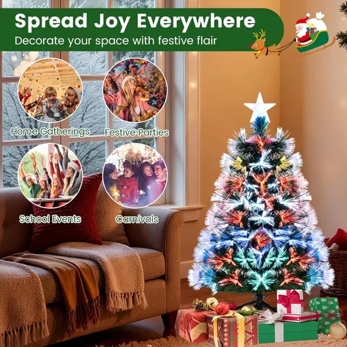 Vista 8 de BECOMFORT Árbol de Navidad de fibra óptica preiluminado de 3 pies, árbol de Navidad artificial con luces multicolor de brillo lento, estrella