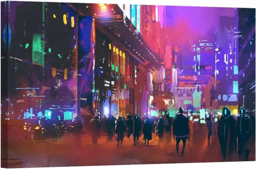 Vista 21 de LSIUHWUWI Future City Concept - Cuadro decorativo moderno para pared, impresión sobre lienzo Cyberpunk City Neon Streetview por la noche