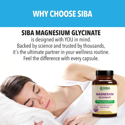 Vista 6 de SIBA Glicinato de magnesio 500 mg Suplemento de alta absorción para la recuperación muscular del sueño, función nerviosa, salud ósea, calma natural
