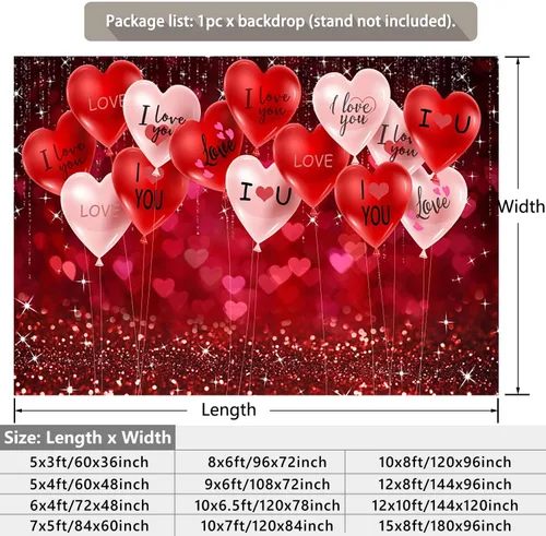 Vista 7 de Telón de fondo para el día de San Valentín de 15 x 8 pies para fotografía, corazones de amor, fondo brillante con purpurina para amantes, decoración