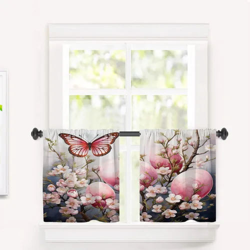 Vista 137 de Cortinas opacas de cocina con pintura al óleo de Europa rosa y negra para ventanas, cenefas opacas modernas de torre Eiffel de poliéster multicapa