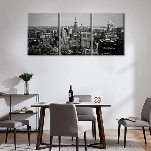 Vista 4 de TUMOVO Lienzo decorativo de pared en blanco y negro para decoración del hogar, oficina, baño, paisaje urbano de Manhattan, paisaje urbano, horizonte