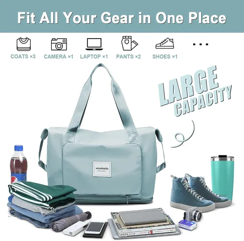 Vista 3 de WOOMADA Bolsa de viaje plegable, bolsas de fin de semana para mujer, bolsa de mano con espacio expandible, bolsas de transporte para aviones