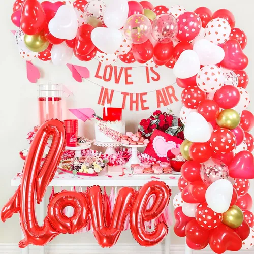 Vista 5 de Kit de guirnalda de arco de globos para el día de San Valentín, globos de corazón de confeti rojo y blanco con globo de amor de 40 pulgadas, 300