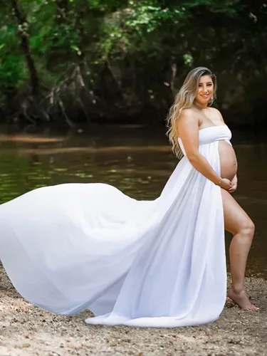 Vista 6 de Vestido de maternidad sin tirantes para mujer, con hombros descubiertos, para fotografía, vestido de gasa con abertura frontal para sesión de fotos