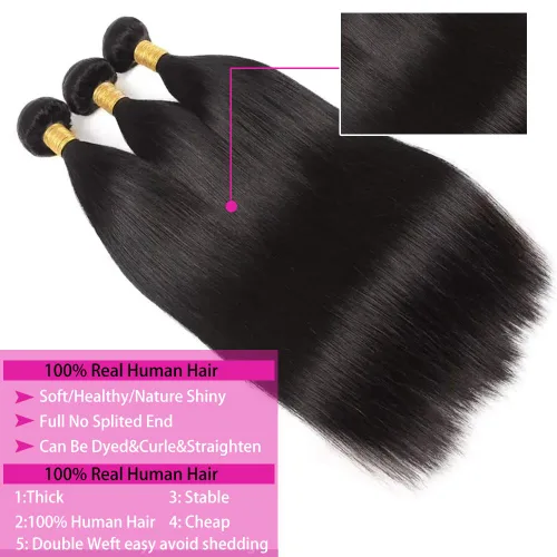 Vista 2 de Extensiones de cabello humano lacio 10A, 26, 28, 30 pulgadas, 3 manojos de cabello lacio 100% sin procesar, brasileño, largo, virgen, color negro