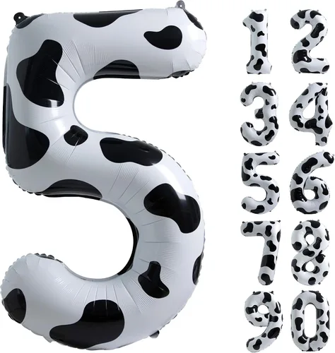 Vista 12 de Suministros de decoración de cumpleaños de globos con estampado de vaca, globo número 0 de 40 pulgadas, decoraciones de fiesta de cumpleaños