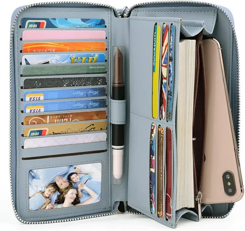 Vista 6 de UTO Cartera de cuero con cremallera alrededor de tarjetero organizador de pasaporte para damas con cartera de viaje con correa de muñeca