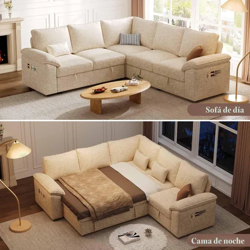 Vista 4 de Sofá Seccional Modular de 85 Pulgadas con Cama Extraíble, Sofá Cama Seccional en Forma de L de 5 Asientos con Almacenamiento, Sofás Seccionales