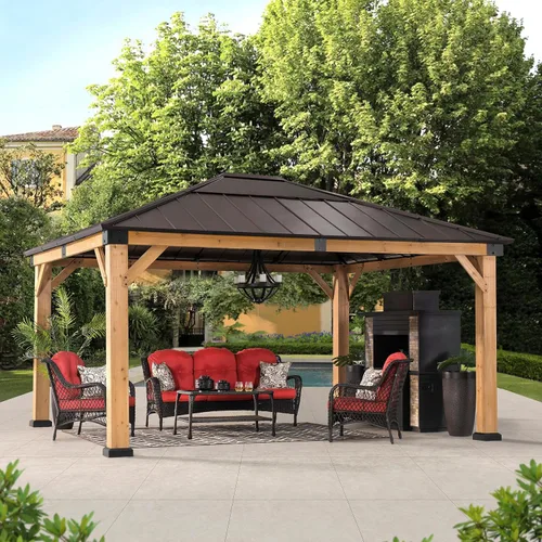 Vista 12 de Kiosco con techo rígido Sunjoy de 9 x 9 pies. Gazebo de madera con estructura de cedro mejorado con techo de acero marrón y policarbonato a dos