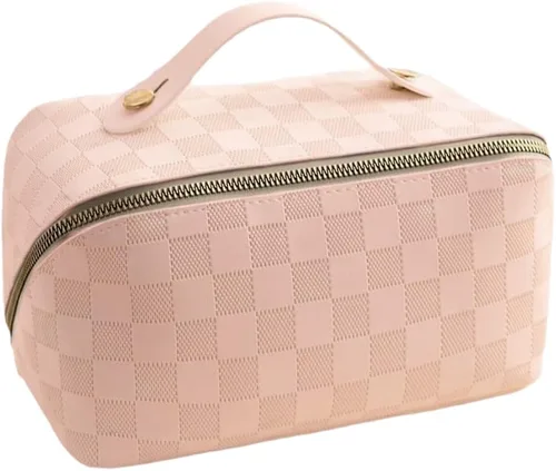 Vista 13 de Bolsas de maquillaje a cuadros de gran capacidad, bolsas de cosméticos portátiles de viaje, bolsa de aseo abierta y plana para mujeres y niñas