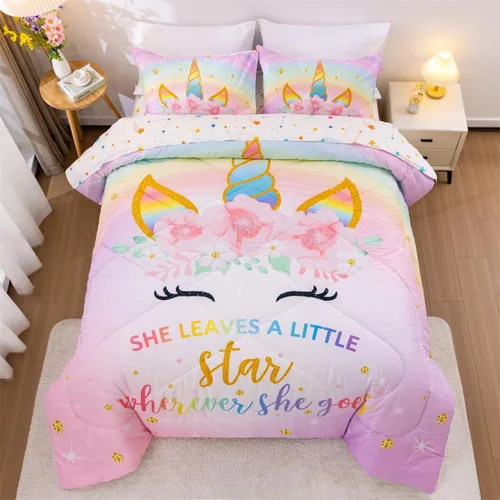 Vista 12 de NTBED Juego de edredón individual de unicornio con sábanas, juego de ropa de cama individual de 5 piezas para niñas, microfibra ligera, arcoíris