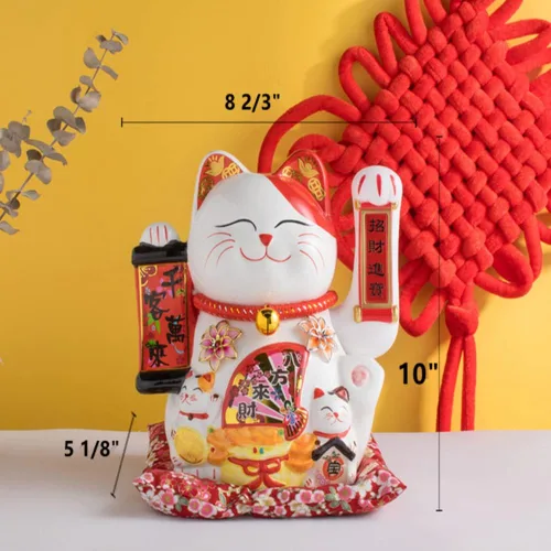Vista 2 de Maneki Neko de 10 pulgadas, gato de la fortuna de la suerte con brazo agitador operado por oro, gato chino Feng Shui para tiendas, restaurantes