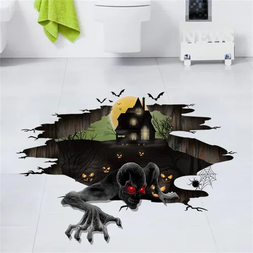 Vista 4 de Calcomanías 3D para techo de piso de Halloween, calcomanías creativas de pared de fantasmas de terror, calcomanías de pared de castillo antiguo
