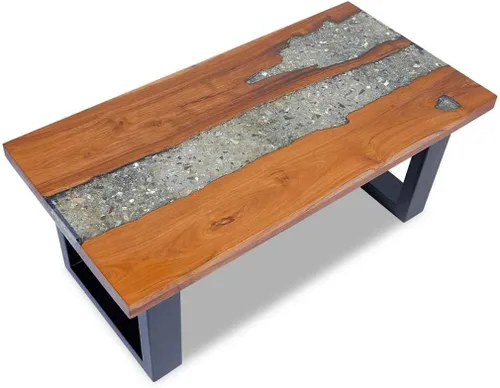 Vista 6 de vidaXL Mesa de centro de madera maciza de teca y mango hecha a mano con decoración de resina transparente, estilo industrial, multicolor, 39.4 x