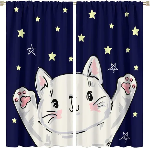 Vista 10 de Cortinas opacas de gato abstracto, arte simple, universo planeta, dibujos animados, lindo, divertido, colorido, gato, azul, niños, niñas, niños