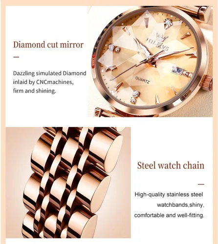 Vista 4 de OLEVS Reloj de mujer con diamantes de lujo, reloj de pulsera de oro rosa, de acero inoxidable, luminoso, impermeable, con fecha