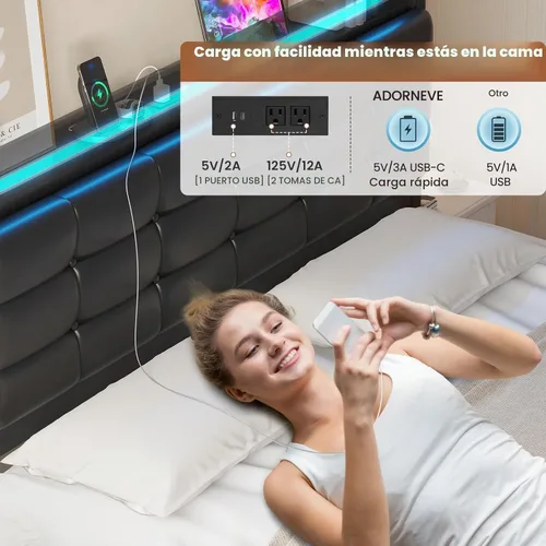 Vista 6 de ADORNEVE Marco de cama de tamaño matrimonial con cabecera de almacenamiento
