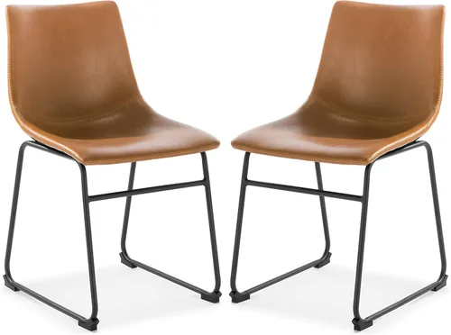 Vista 12 de POLY & BARK Brinley - Juego de 3 taburetes modernos sin brazos con respaldo suavemente curvado y patas de madera, color marrón, asiento de piel