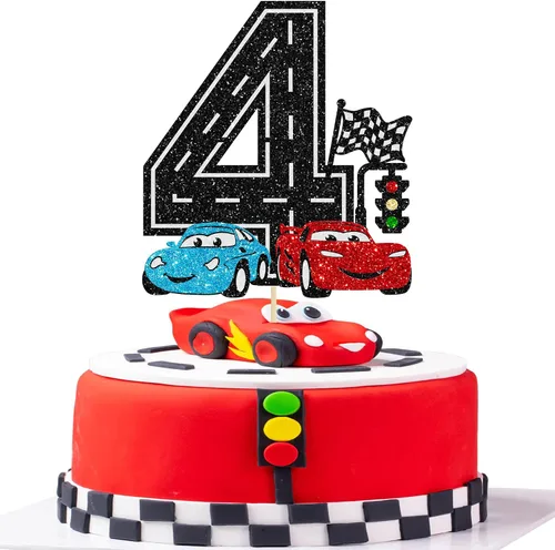 Vista 9 de Ephlyn 1 pieza de decoración para tarta de primer cumpleaños de coche de carreras con purpurina, decoración de tarta 1er cumpleaños para bandera a