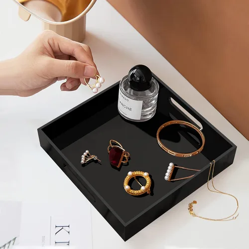 Vista 3 de Bandeja de acrílico para servir con asas, mesa auxiliar negra de 10 pulgadas, tocador Organizador decorativo elegante y duradero para comer